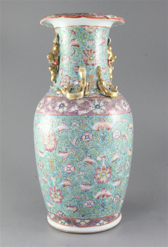 A large Chinese Canton decorated turquoise ground two-handled vase, late 19th century, 44.5cm